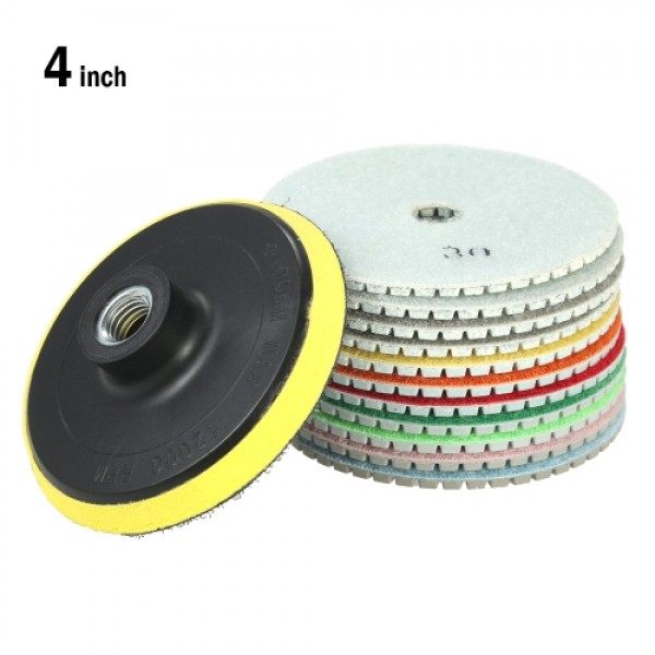 11pcs 4" Diamond Wet Polishing Pads Grinding Disc + 1pc Backing Pad for Granite Marble Stone Ceramic Tile Concrete
