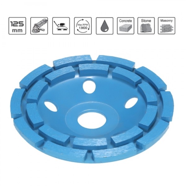 125mm 5" Diamond 2 Row Segment Grinding Wheel Disc Bowl Shape Grinder Cup 22mm Inner Hole for Concrete Granite Masonry Stone Cer