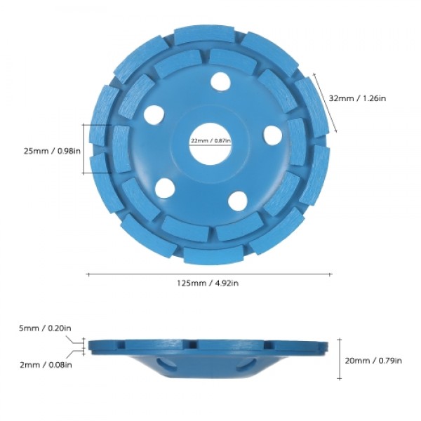 125mm 5" Diamond 2 Row Segment Grinding Wheel Disc Bowl Shape Grinder Cup 22mm Inner Hole for Concrete Granite Masonry Stone Cer