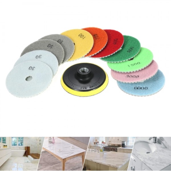 11pcs 4" Diamond Wet Polishing Pads Grinding Disc + 1pc Backing Pad for Granite Marble Stone Ceramic Tile Concrete