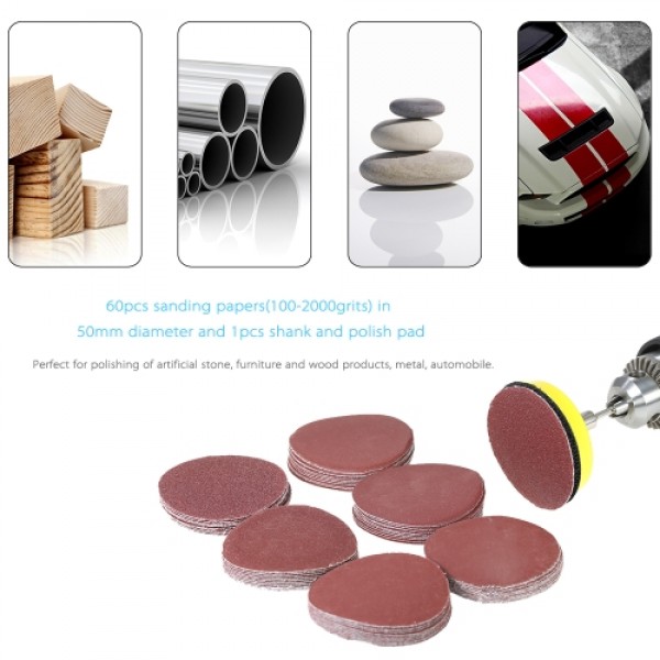 60PCS 50mm 2" Sander Disc Sanding Disk 100-2000 Grit Paper with 2inch Abrasive Polish Pad Plate for Dremel Rotary Tool