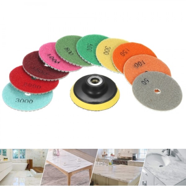 10pcs 3" Diamond Flexible Wet Polishing Pads Grinding Disc + 1pc Backing Pad for Granite Marble Stone Ceramic Tile Concrete
