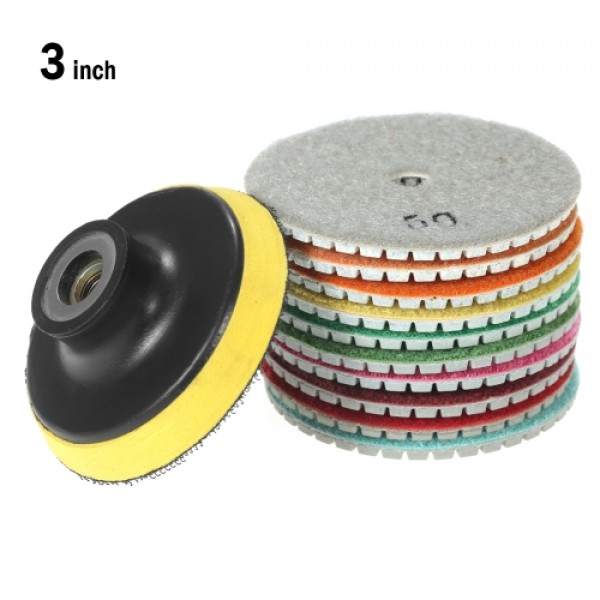 10pcs 3" Diamond Flexible Wet Polishing Pads Grinding Disc + 1pc Backing Pad for Granite Marble Stone Ceramic Tile Concrete