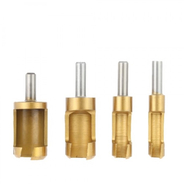 4pcs/set 1/4" Shank Titanium Barrel Cork Drill Plug Cutter Drill Bit Bored Hole Wood Tenon Drill Hole Saw Arbors Handy Woodworki