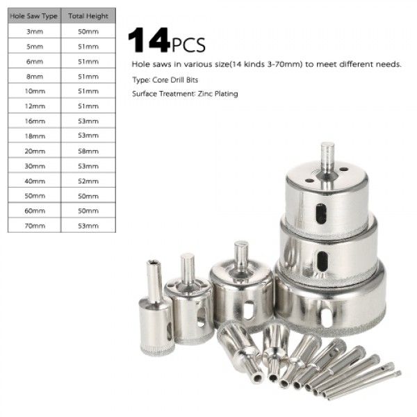 14PCS 3-70mm Glass Hole Saw Kit Diamond Coated Core Hole Saw Marble Drill Bit Tile Ceramic Glass Porcelain Drilling