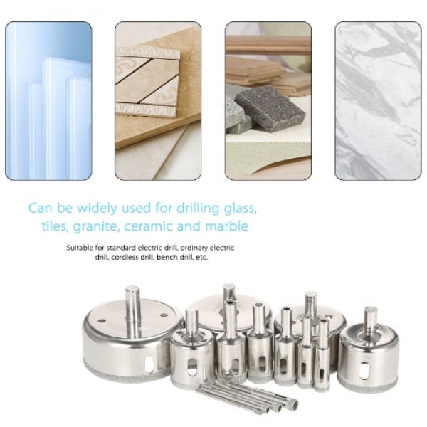 14PCS 3-70mm Glass Hole Saw Kit Diamond Coated Core Hole Saw Marble Drill Bit Tile Ceramic Glass Porcelain Drilling