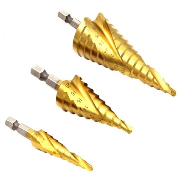 Spiral Grooved Step Drill Bit Set 4mm to 12mm/20mm/32mm Wood Metal Plastic Drilling Hole Titanium Plated Hex Shank Drill Bit