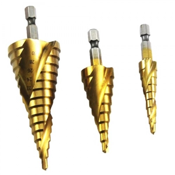Spiral Grooved Step Drill Bit Set 4mm to 12mm/20mm/32mm Wood Metal Plastic Drilling Hole Titanium Plated Hex Shank Drill Bit