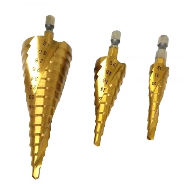 Spiral Grooved Step Drill Bit Set 4mm to 12mm/20mm/32mm Wood Metal Plastic Drilling Hole Titanium Plated Hex Shank Drill Bit