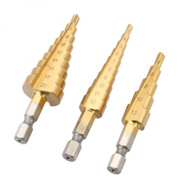 3 Pcs/set HSS Titanium Coated Straight Flute Step Drill Bits Essential Hardware Tool Pagoda Drill Bit Set 3-12mm 4-12mm 4-20mm