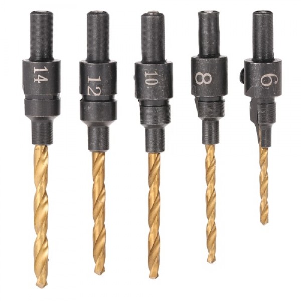 5pcs HSS Countersink Drill Cone Bit Set #6 #8 #10 #12 #14 Quick Change Hex Shank For Woodworking Screw Carpentry Reamer Chamfer 