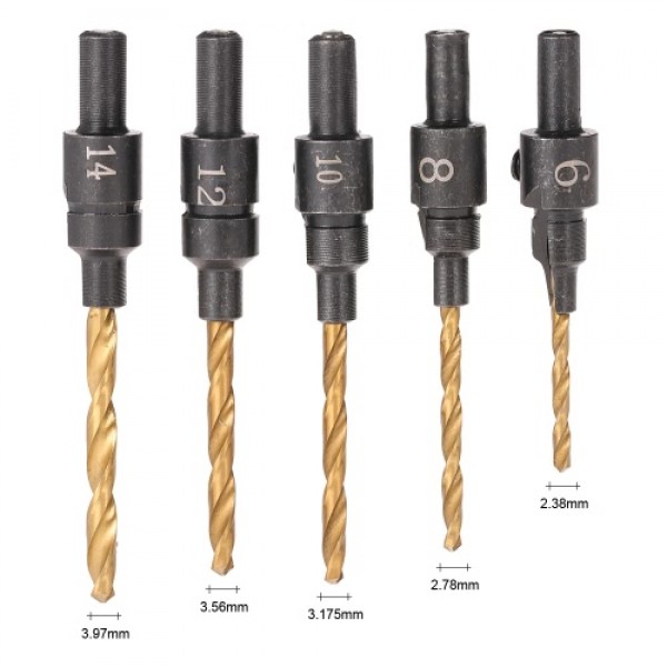 5pcs HSS Countersink Drill Cone Bit Set #6 #8 #10 #12 #14 Quick Change Hex Shank For Woodworking Screw Carpentry Reamer Chamfer 
