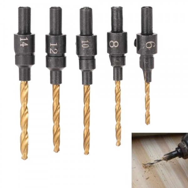 5pcs HSS Countersink Drill Cone Bit Set #6 #8 #10 #12 #14 Quick Change Hex Shank For Woodworking Screw Carpentry Reamer Chamfer 