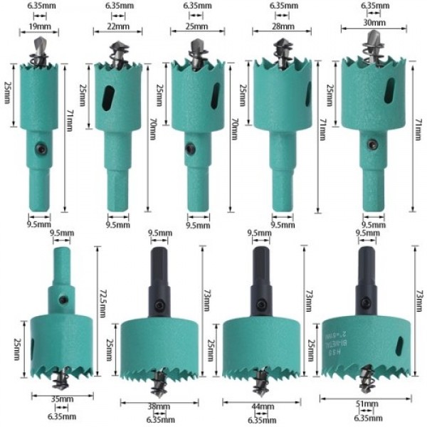 9 PCS Bi-metal Hole Saw Drill Bit Set 19mm-51mm High Speed Steel Multifunction Hole Drilling Drill Bits with Hex Shank for Wood 