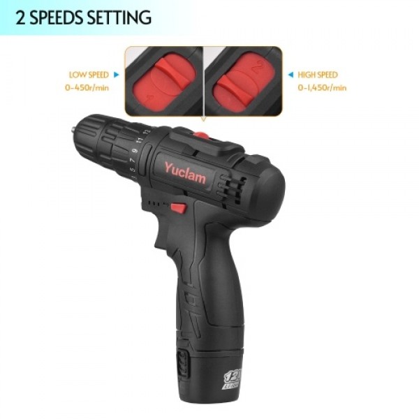 12V Cordless Screwdriver Yuclam Electric Screwdriver Two-Speed Rechargeable Drill with LED Light 25+1 Torque 3/8 Inch Chuck 50Nm