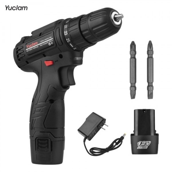12V Cordless Screwdriver Yuclam Electric Screwdriver Two-Speed Rechargeable Drill with LED Light 25+1 Torque 3/8 Inch Chuck 50Nm