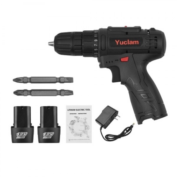 12V Cordless Screwdriver Yuclam Electric Screwdriver Two-Speed Rechargeable Drill with LED Light 25+1 Torque 3/8 Inch Chuck 50Nm