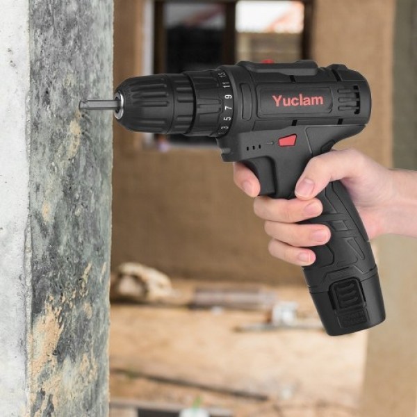 12V Cordless Screwdriver Yuclam Electric Screwdriver Two-Speed Rechargeable Drill with LED Light 25+1 Torque 3/8 Inch Chuck 50Nm
