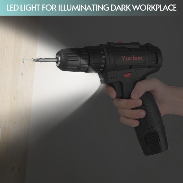 12V Cordless Screwdriver Yuclam Electric Screwdriver Two-Speed Rechargeable Drill with LED Light 25+1 Torque 3/8 Inch Chuck 50Nm