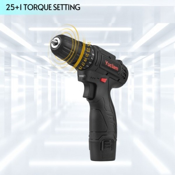 12V Cordless Screwdriver Yuclam Electric Screwdriver Two-Speed Rechargeable Drill with LED Light 25+1 Torque 3/8 Inch Chuck 50Nm