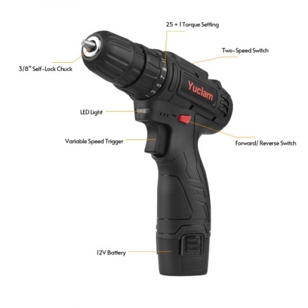 12V Cordless Screwdriver Yuclam Electric Screwdriver Two-Speed Rechargeable Drill with LED Light 25+1 Torque 3/8 Inch Chuck 50Nm