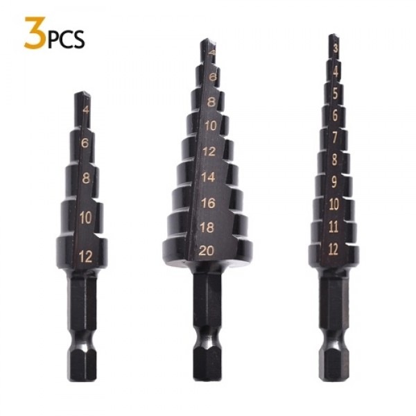 3PCS HSS Cobalt Stepped Drill Bit Set Practical Black Nitride Coated Metal Drilling Bits Kit for Thin Iron/Steel/PVC/Wood Panel