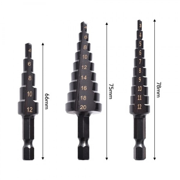 3PCS HSS Cobalt Stepped Drill Bit Set Practical Black Nitride Coated Metal Drilling Bits Kit for Thin Iron/Steel/PVC/Wood Panel