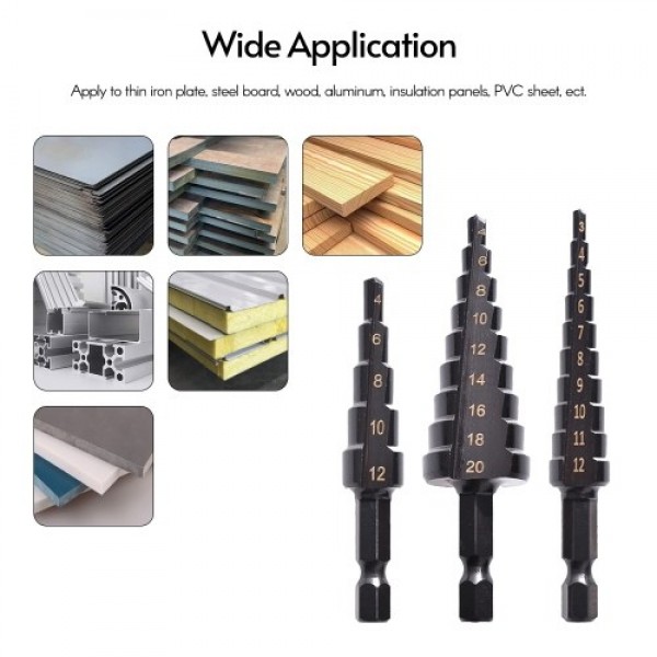 3PCS HSS Cobalt Stepped Drill Bit Set Practical Black Nitride Coated Metal Drilling Bits Kit for Thin Iron/Steel/PVC/Wood Panel