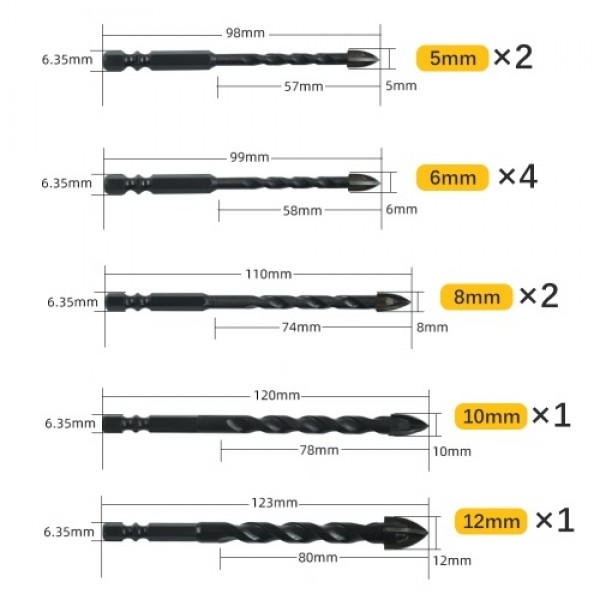 Masonry Drill Bits 10PCS for Tile Brick Glass Plastic Porcelain Marble Wood Ceramic Wall Mirror with 5 6 8 10 12mm   Black