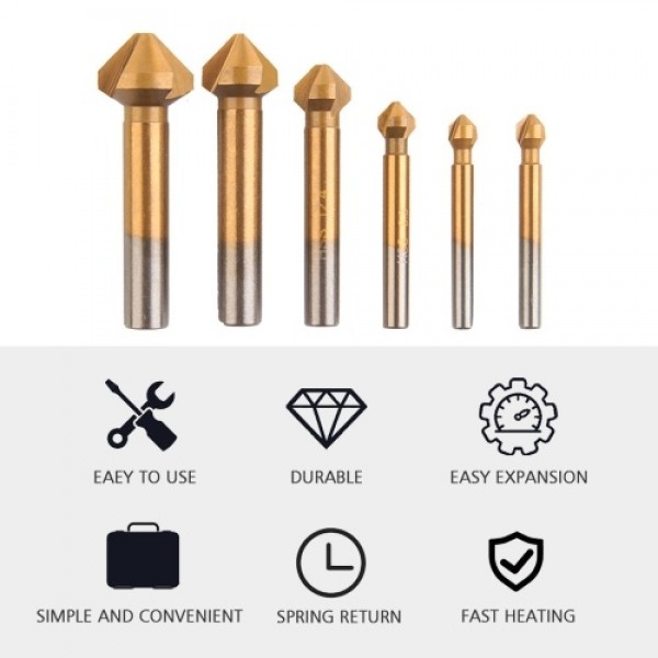 6 Pcs 90 Degree 3 Flute Titanium Coating Chamfering Cutter Drill Bits Chamfer Countersink Bits Set for Sink Holes Stainless Stee