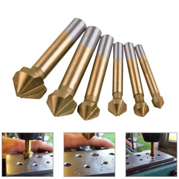 6 Pcs 90 Degree 3 Flute Titanium Coating Chamfering Cutter Drill Bits Chamfer Countersink Bits Set for Sink Holes Stainless Stee