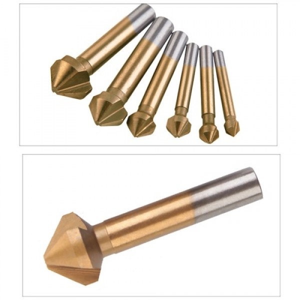 6 Pcs 90 Degree 3 Flute Titanium Coating Chamfering Cutter Drill Bits Chamfer Countersink Bits Set for Sink Holes Stainless Stee