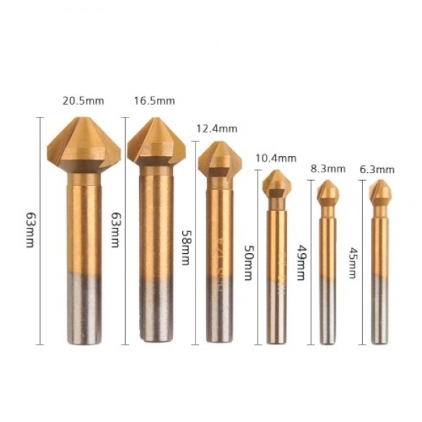 6 Pcs 90 Degree 3 Flute Titanium Coating Chamfering Cutter Drill Bits Chamfer Countersink Bits Set for Sink Holes Stainless Stee