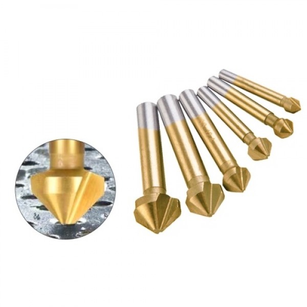 6 Pcs 90 Degree 3 Flute Titanium Coating Chamfering Cutter Drill Bits Chamfer Countersink Bits Set for Sink Holes Stainless Stee