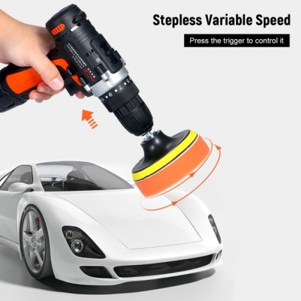 12V Cordless Drill / Driver Kit 1400rpm Variable Speed Polisher Car Buffer Waxer Set with Light Rechargeable Power Screwdriver w