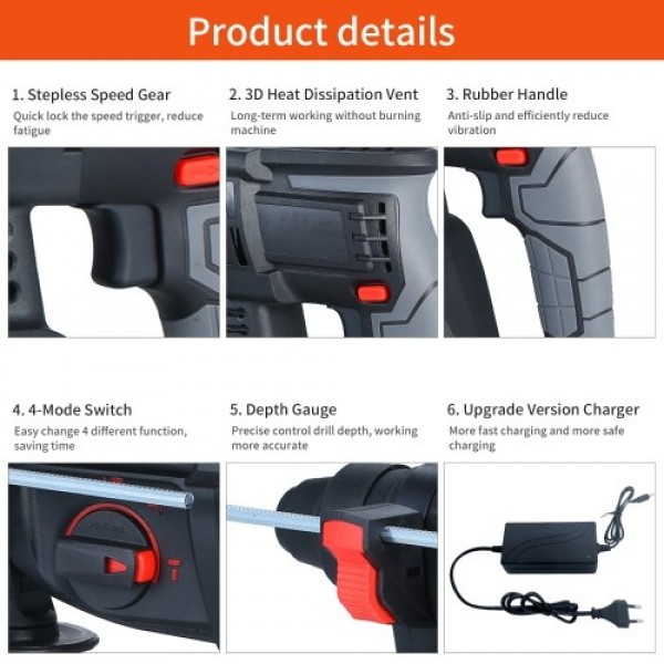 21V Brushless Heavy Duty 4 Function Rotary Hammer Drill 1 Inch SDS-plus Adjustabl Grip Handle 980 RPM Cordless Drill Demolition 