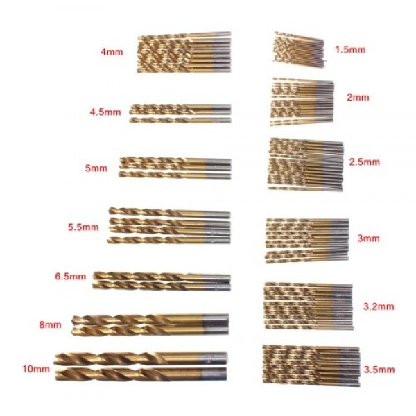 1.5mm-10mm Titanium Coated High-Speed Steel Drilling Bit Set for Wood/Plastic/Copper/Aluminium alloy/Stainless steel, 99 Pcs/Set