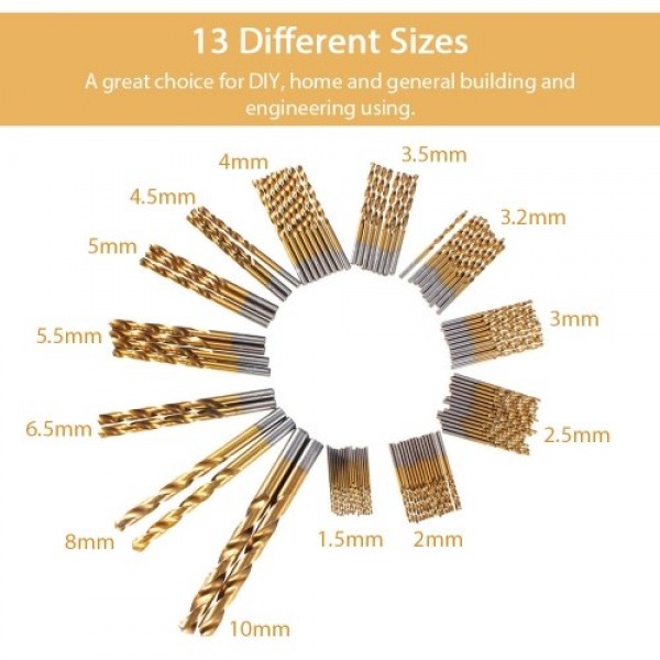 1.5mm-10mm Titanium Coated High-Speed Steel Drilling Bit Set for Wood/Plastic/Copper/Aluminium alloy/Stainless steel, 99 Pcs/Set