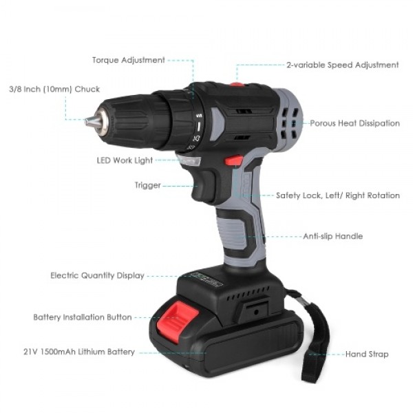 21V Portable Cordless Electric Drill with 3/8 Inch Chuck Mini Handheld Power Drill &amp; Screwdriver with Battery Level Indicato