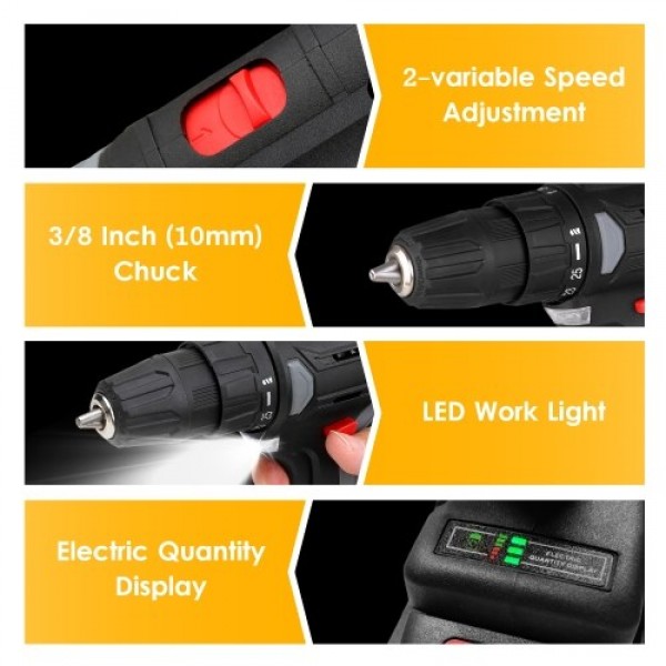 21V Portable Cordless Electric Drill with 3/8 Inch Chuck Mini Handheld Power Drill &amp; Screwdriver with Battery Level Indicato