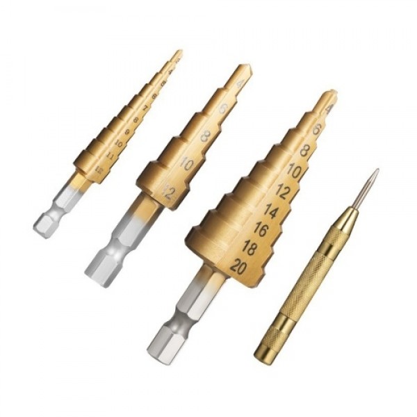HSS 4PCS Titanium Step Drill Bit Set High Speed St...