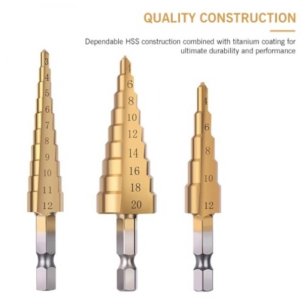 HSS 4PCS Titanium Step Drill Bit Set High Speed Steel Drill Bits Set with Automatic Center Punch Multiple Hole Stepped Up Bits f