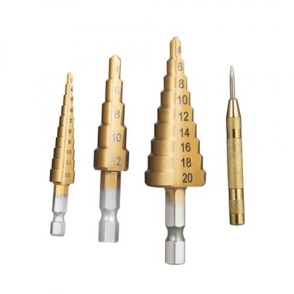 HSS 4PCS Titanium Step Drill Bit Set High Speed Steel Drill Bits Set with Automatic Center Punch Multiple Hole Stepped Up Bits f