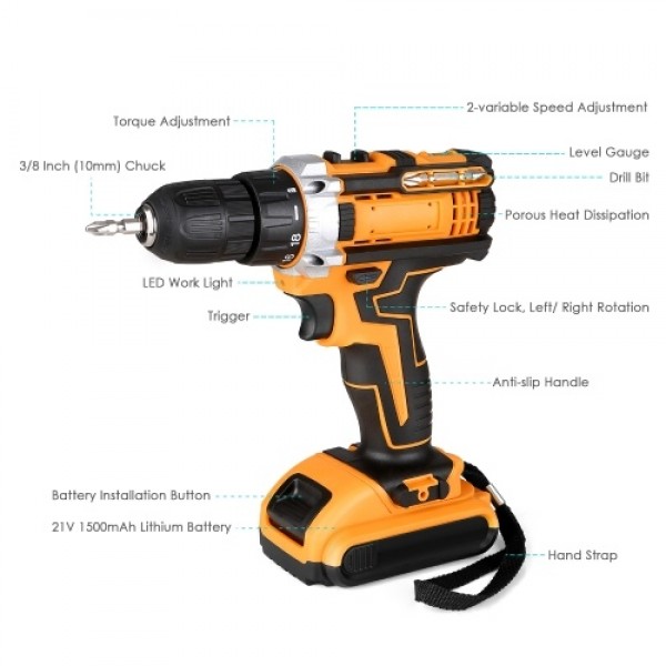 21V Portable Cordless Electric Drill with 3/8 Inch...