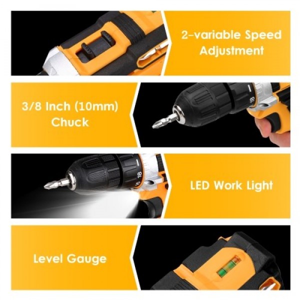 21V Portable Cordless Electric Drill with 3/8 Inch Chuck Mini Handheld Power Drill &amp; Screwdriver with LED Work Light 2-varia