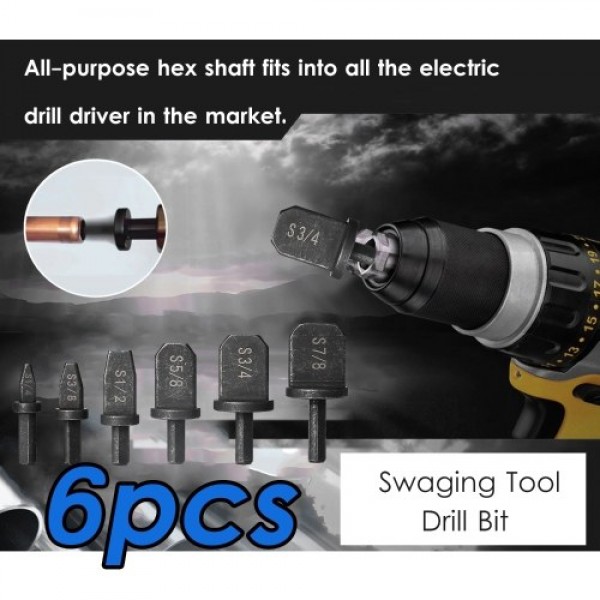 6pcs Swaging Tool Drill Bit Set Tube Pipe Expander for Air Conditioner Refrigeration HVAC Installtion and Repair