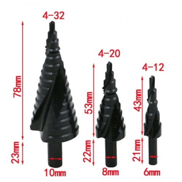 3Pcs 4-32MM HSS Stepped Drill Bit Set High-speed Steel Spiral for Metal Cone Triangle Shank Hole