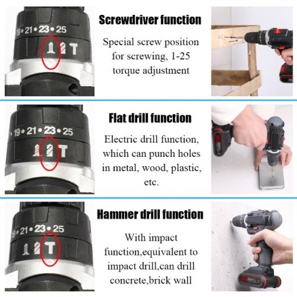 36V Multifunctional Impact Electric Cordless Drill High-power Lithium Battery Wireless Rechargeable Hand Drills Brush Motor Home