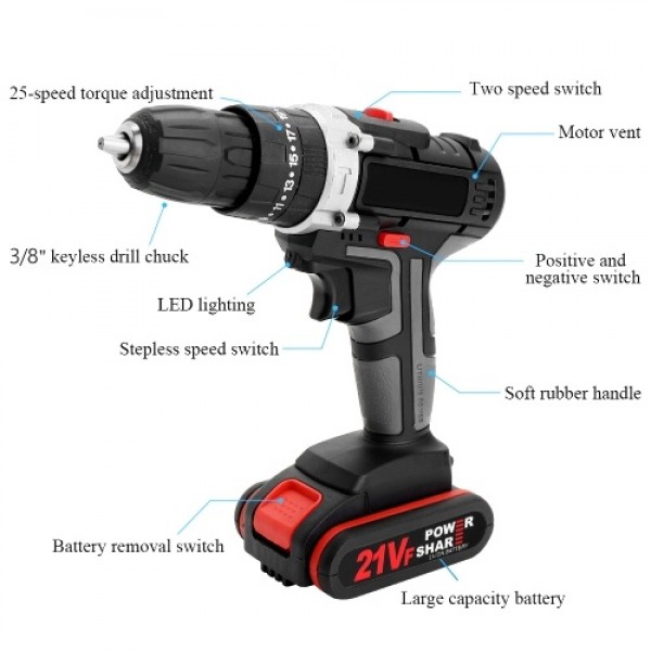 36V Multifunctional Impact Electric Cordless Drill High-power Lithium Battery Wireless Rechargeable Hand Drills Brush Motor Home