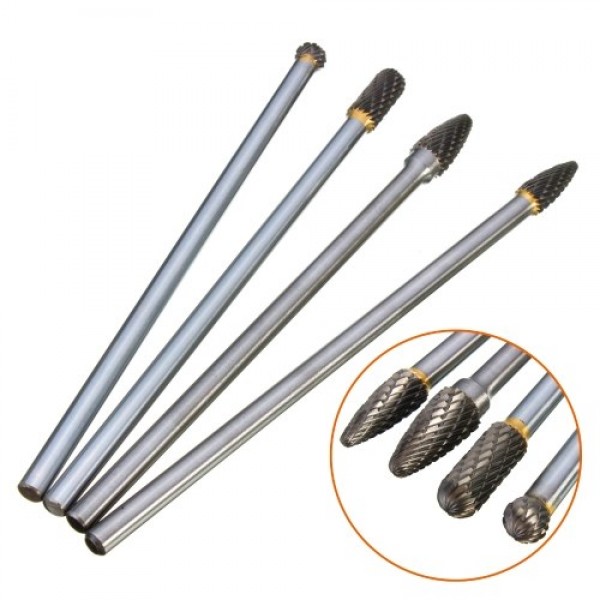 4Pcs Tungsten Steel 1/4'' Shank Rotary Cutting Burrs 10mm Cutting Edge Diameter 150/160mm Length for Carving Polishing Drilling